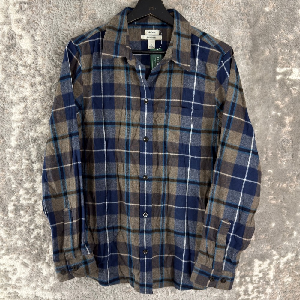 New L.L.Bean Size M Scotch Plaid Relaxed Fit Flannel Shirt Blue Long Sleeve Wmns